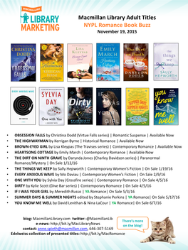 Macmillan Library Adult Titles NYPL Romance Book Buzz November 19, 2015