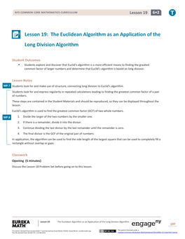 Lesson 19: the Euclidean Algorithm As an Application of the Long Division Algorithm