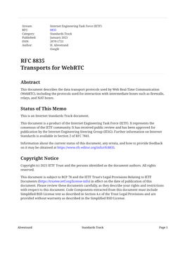 RFC 8835: Transports for Webrtc