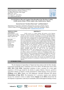 Growth Pattern, Diet and Tropical Niche Breadth of the Nile Silver Catfish, Schilbe Mystus (Linne 1758) in Asejire Lake, Southwestern, Nigeria