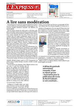 L'express / L'impartial – 19.2.2015 – «A Lire Sans Modération