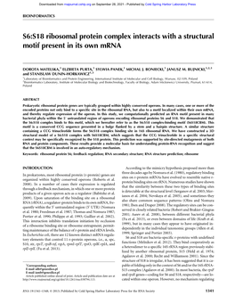 S6:S18 Ribosomal Protein Complex Interacts with a Structural Motif Present in Its Own Mrna