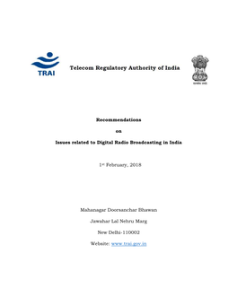 Recommendations on Issues Related to Digital Radio Broadcasting in India 1St February, 2018 Mahanagar Doorsanchar Bhawan Jawahar