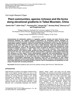 Plant Communities, Species Richness and Life-Forms Along Elevational Gradients in Taibai Mountain, China