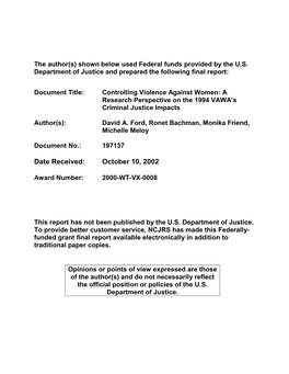 A Research Perspective on the 1994 VAWA's Criminal Justice Impacts