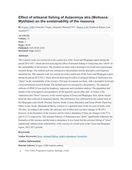 Effect of Artisanal Fishing of Aulacomya Atra (Mollusca: Mytilidae) on the Sustainability of the Resource