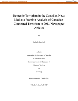 Domestic Terrorism in the Canadian News Media: a Framing Analysis of Canadian- Connected Terrorism in 2013 Newspaper Articles