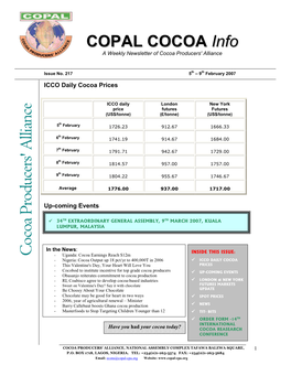 C Ocoa Producers' a Lliance In-H Ouse C Ocoa N Ew Sletter