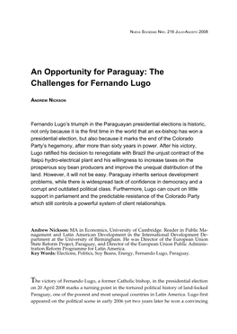 An Opportunity for Paraguay: the Challenges for Fernando Lugo
