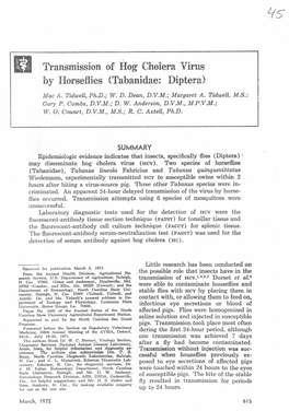 II Transmission of Hog Cholera Virus by I-Iorseflies(Tabanidae: Diptera)