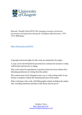 Peacock, Timothy Noel (2015) the Changing Strategies of Minority Government and Opposition During the Callaghan Administration, 1976- 1979