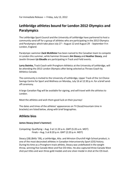 Lethbridge Athletes Bound for London 2012 Olympics and Paralympics