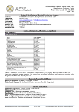 Product Name: Elleeplex Regen (Next Gen) Manufacturer: Ex-Import Pty Ltd This Revision Issued: July 24Th 2020 Page 1 of 4