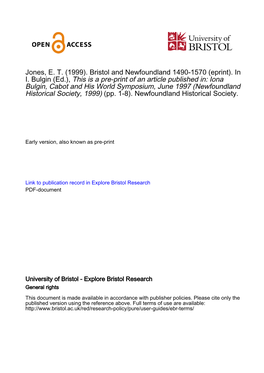 Jones, ET (1999). Bristol and Newfoundland 1490-1570 (Eprint)