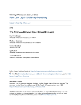 The American Criminal Code: General Defenses