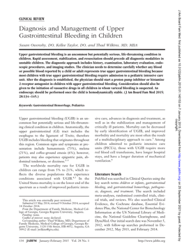 Diagnosis and Management of Upper Gastrointestinal Bleeding in Children
