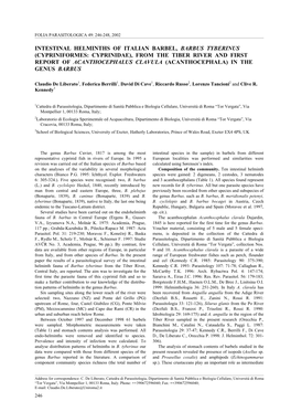 Intestinal Helminths of Italian Barbel, Barbus Tyberinus (Cypriniformes: Cyprinidae), from the Tiber River and First