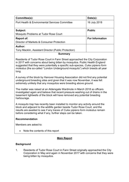 Report Of: for Information Director of Markets & Consumer Protection Author: Tony Macklin, Assistant Director (Public Protection) Summary