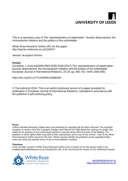 The 'Standardization of Catastrophe': Nuclear Disarmament, the Humanitarian Initiative and the Politics of the Unthinkable