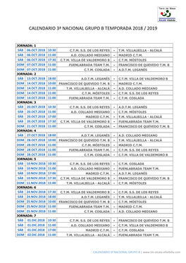 Calendario 3ª Nacional Grupo B Temporada 2018 / 2019