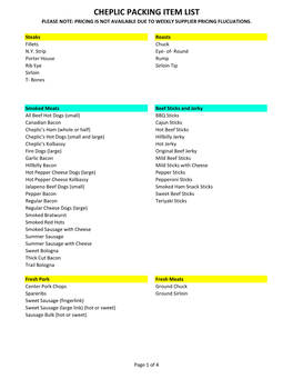 Cheplic Packing Item List Please Note: Pricing Is Not Available Due to Weekly Supplier Pricing Flucuations