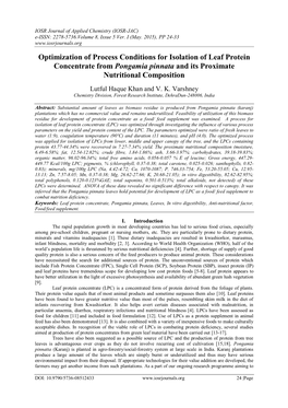 Optimization of Process Conditions for Isolation of Leaf Protein Concentrate from Pongamia Pinnata and Its Proximate Nutritional Composition