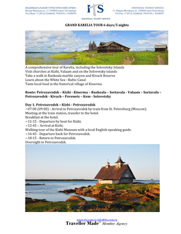 GRAND KARELIA TOUR 6 Days/5 Nights a Comprehensive Tour Of