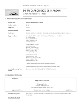 2-85% CARBON DIOXIDE in ARGON Material Safety Data Sheet ______