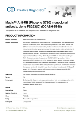 Magic™ Anti-RB (Phospho S780) Monoclonal Antibody, Clone FS293(O) (DCABH-5848) This Product Is for Research Use Only and Is Not Intended for Diagnostic Use