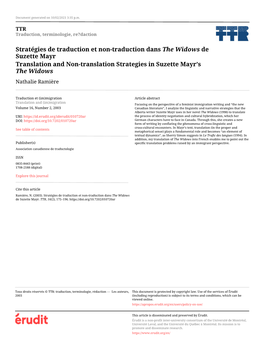 Stratégies De Traduction Et Non-Traduction Dans the Widows De Suzette Mayr Translation and Non-Translation Strategies in Suzette Mayr’S the Widows Nathalie Ramière