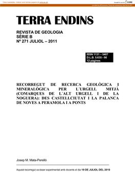 Recorregut De Recerca Geològica Per Les Comarqures De L´Alt Urgell (Urgell Mitjà) I Pallars Jussà: Des D´Oliana a La Palanca De Noves I Des Del Coll De Nargó a Isona