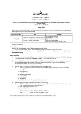 Tender for Overhead Line Vegetation Clearing and Compound Grass Cutting in Sibu Jaya, Selangau & Kanowit, Central Region (Tender Ref