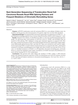 Next-Generation Sequencing of Translocation Renal Cell Carcinoma Reveals Novel RNA Splicing Partners and Frequent Mutations of Chromatin-Remodeling Genes