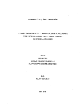 Avant L'empire Du Pixel : La Convergence Du Graphique Et Du Photographique Dans L'image Filmique : Le Cas Hollywoodien