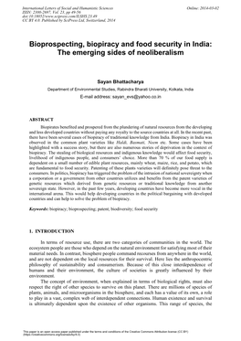 Bioprospecting, Biopiracy and Food Security in India: the Emerging Sides of Neoliberalism