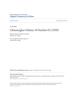 Glimmerglass Volume 10 Number 03 (1950) Barbara Mcclain (Editor-In-Chief) Olivet Nazarene College
