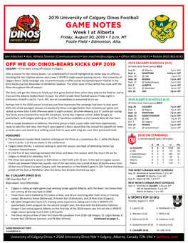 GAME NOTES Week 1 at Alberta Friday, August 30, 2019 • 7 P.M