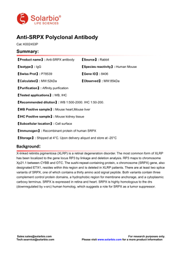 Anti-SRPX Polyclonal Antibody Cat: K002453P Summary