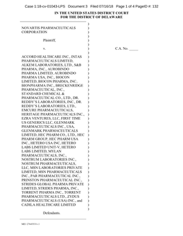 IN the UNITED STATES DISTRICT COURT for the DISTRICT of DELAWARE ) NOVARTIS PHARMACEUTICALS ) CORPORATION ) ) Plaintiff, ) ) V