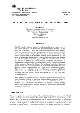 The Chemistry of Geothermal Waters of Sw-Uganda