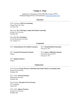 Unique L. Page George Fox University | 12753 SW 68Th Avenue, #P510 Portland, Oregon 97223 | 503.554.6143 | Upage@Georgefox.Edu
