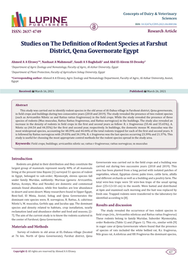 Studies on the Definition of Rodent Species at Farshut District, Qena Governorate Egypt