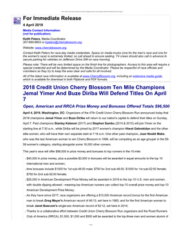 For Immediate Release 2018 Credit Union Cherry Blossom Ten Mile