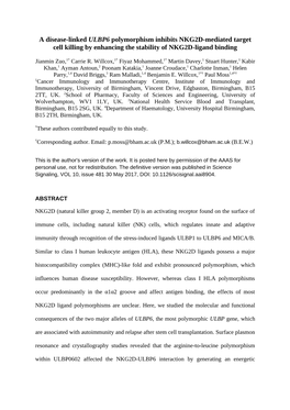 A Disease-Linked ULBP6 Polymorphism Inhibits NKG2D-Mediated Target Cell Killing by Enhancing the Stability of NKG2D-Ligand Binding