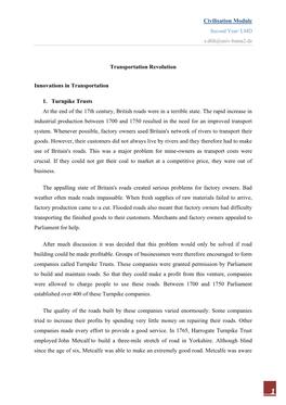 Civilisation Module Transportation Revolution Innovations in Transportation 1. Turnpike Trusts at the End of the 17Th Century, B