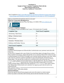 Attachment a Sample of Solar Consumer Complaints Filed with the Better Business Bureau for Solarcity, Sunrun & Vivint (2015)