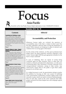 ASIA-PACIFIC APRIL 2010 VOLUME 59 Focus Asia-Pacific Newsletter of the Asia-Paciﬁc Human Rights Information Center (HURIGHTS OSAKA) December 2012 Vol