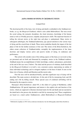 (Online) Vol. 10, No. 2 (2014) 1-14 JAINA MODES of DYING in ĀRĀDHANĀ TEXTS Luitgard So