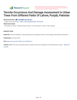 Termite Occurrence and Damage Assessment in Urban Trees from Different Parks of Lahore, Punjab, Pakistan