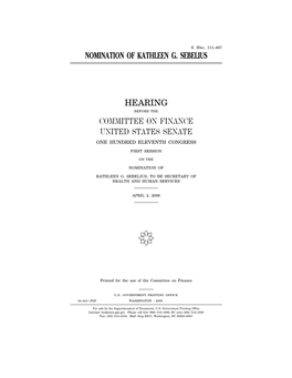 Nomination of Kathleen G. Sebelius Hearing Committee on Finance United States Senate